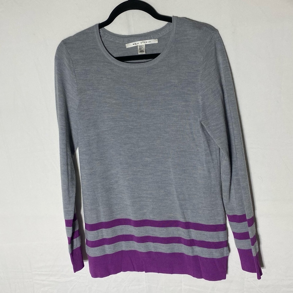 Max Studio Grey With Purple Stripes Extra Fine Merino Blend Light Sweater L